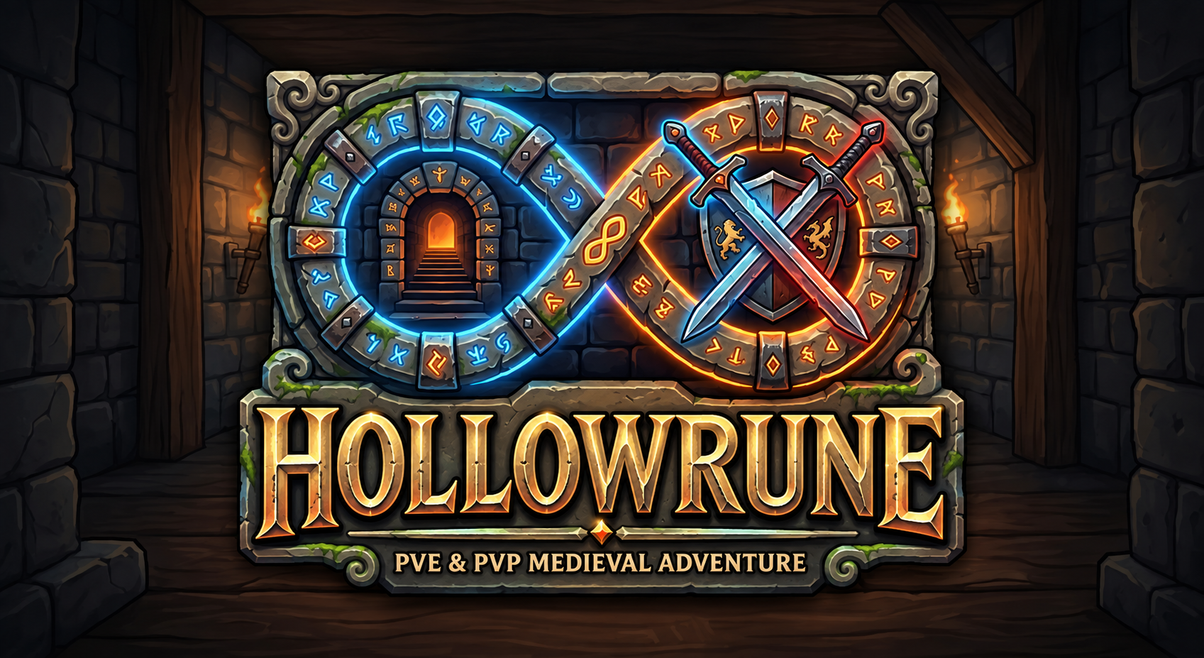 HollowRune: portal rúnico azul, espadas cruzadas e brasão dourado